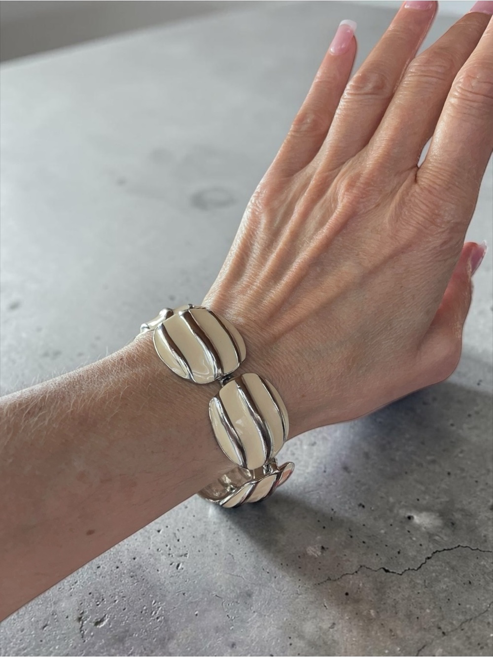 Vintage Chunky Silver Tone Cream Enamel Link Bracelet